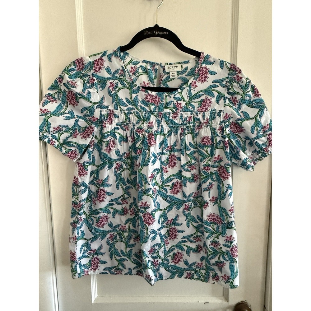 J Crew Women's Size XS Floral Puff Sleeve Smocked Top Cotton